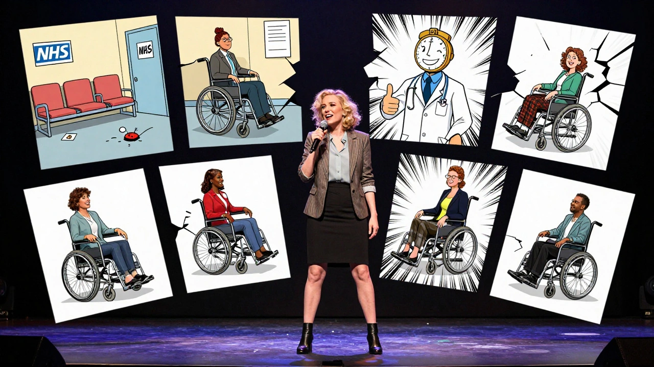 Comic book style of Rosie Jones on stage with floating NHS satire panels cracking open to reveal real patients.