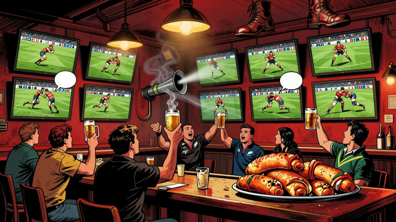 Comic-style rugby bar with multiple screens and foghorn blast, international fans cheering, sausage rolls on table, leather boots hanging overhead.