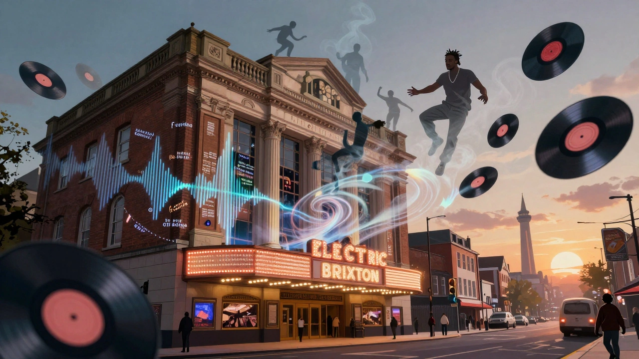 Conceptual fusion of Electric Brixton’s building and sound waves, with ghostly music legends rising from the architecture.