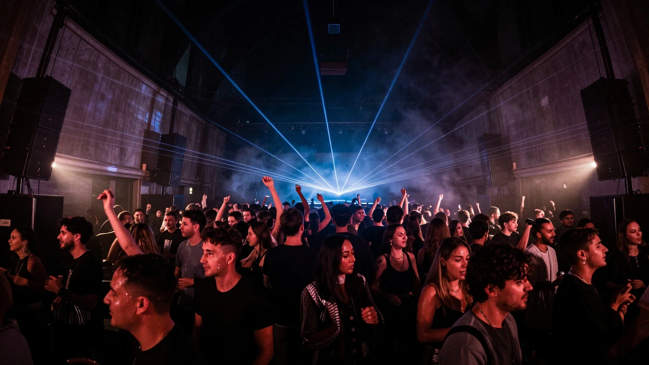 Crowd dancing in Ministry of Sound&#039;s main room, lasers and strobes cutting through smoke, people moving as one.