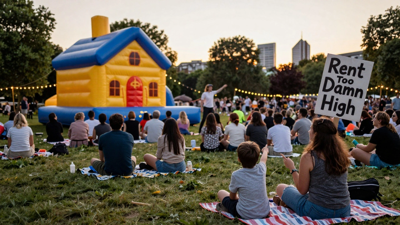 Crowd in Victoria Park laughing at a comedy show, giant inflatable house collapsing behind them at sunset.
