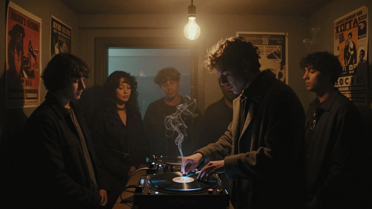 Dark, intimate Basement room at XOYO with a DJ spinning vinyl, silhouetted listeners, and faint smoke curling in the air.