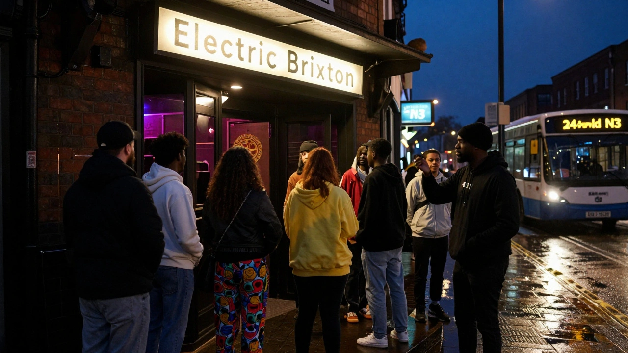 Diverse line of people waiting to enter Electric Brixton at night, bass rumbling through the walls.