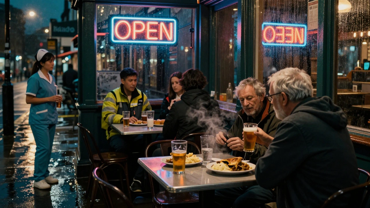 Diverse night workers sharing food and drinks at a 24-hour bar in Brixton, steam rising from a pie and mash dish.