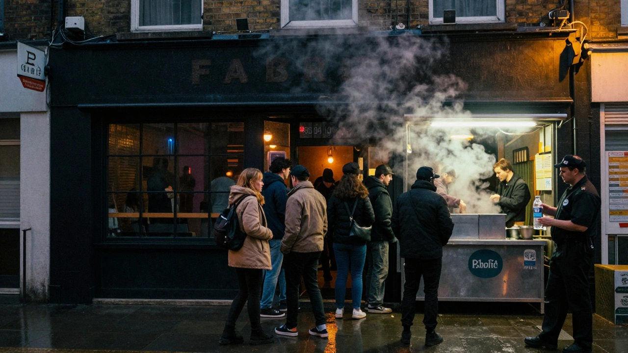 Fabric nightclub exterior at 3 AM, people exiting after a party, steam from a nearby kebab shop, rain-slicked street, quiet urban atmosphere.
