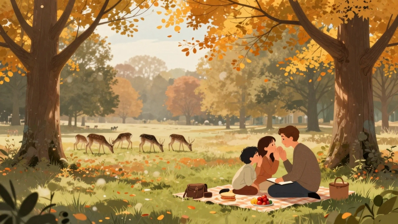 Family having a picnic in Richmond Park with deer grazing peacefully in the background.