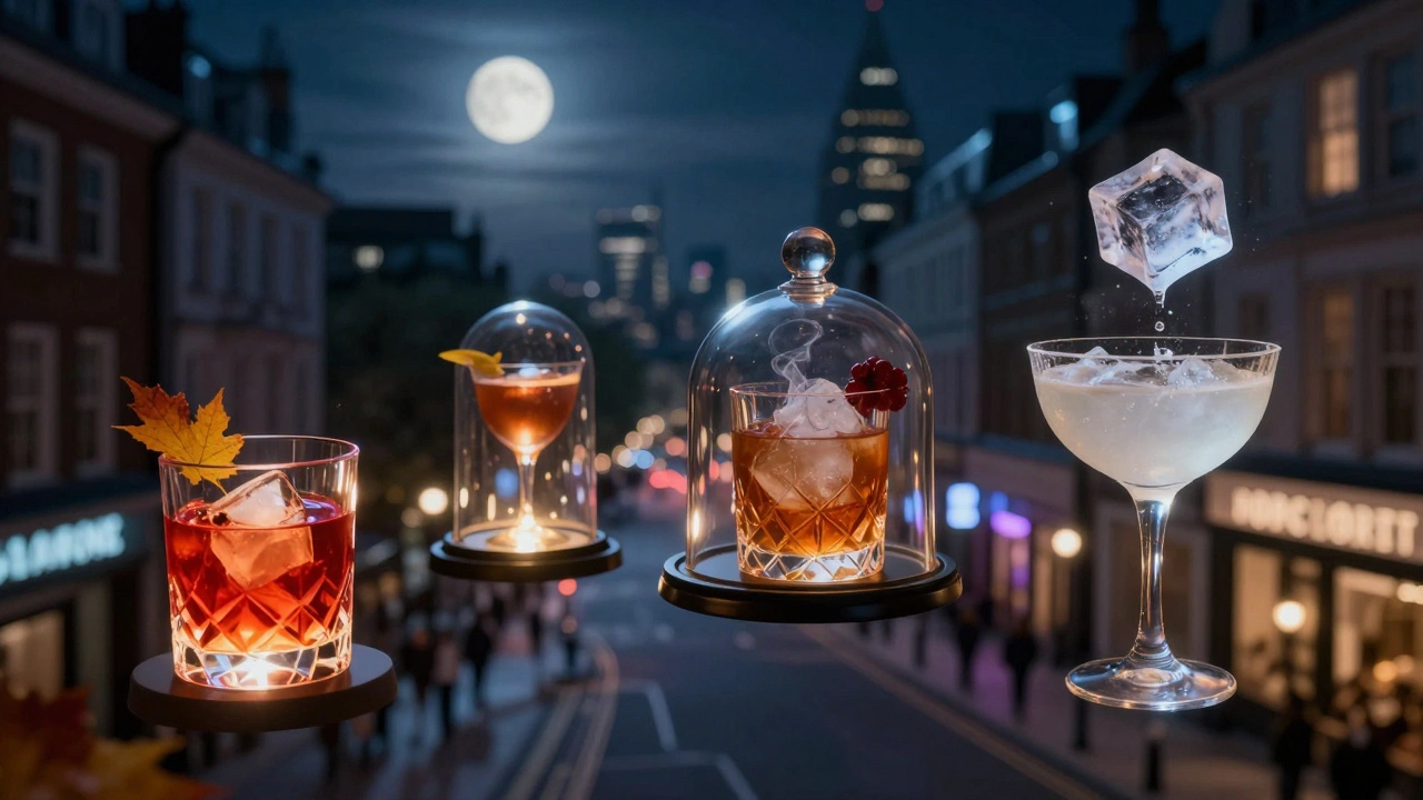Floating cocktail glasses glowing above London’s streets at night, each representing a unique bar experience.