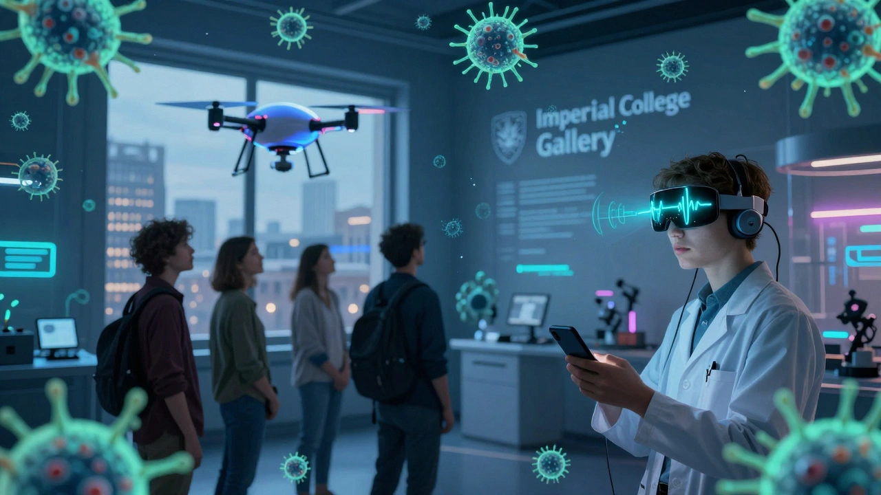 Glowing bacteria illuminate a public science gallery as a researcher wears a brainwave-sensing device.