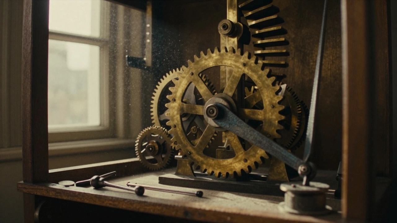 Interior view of Big Ben&#039;s clock mechanism with brass gears and a worker winding the clock by hand.