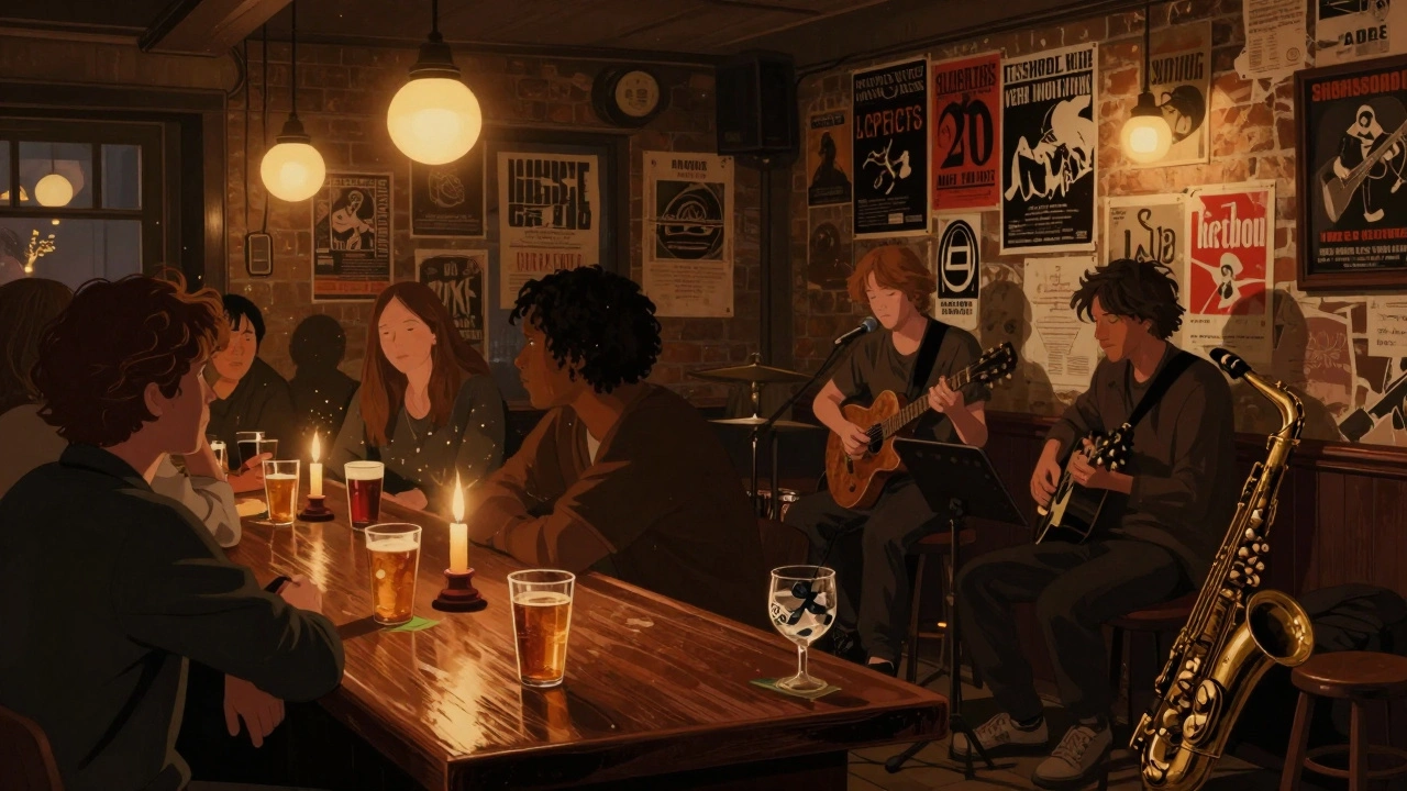 Intimate Shoreditch pub with an indie band playing in a back room surrounded by gig posters.