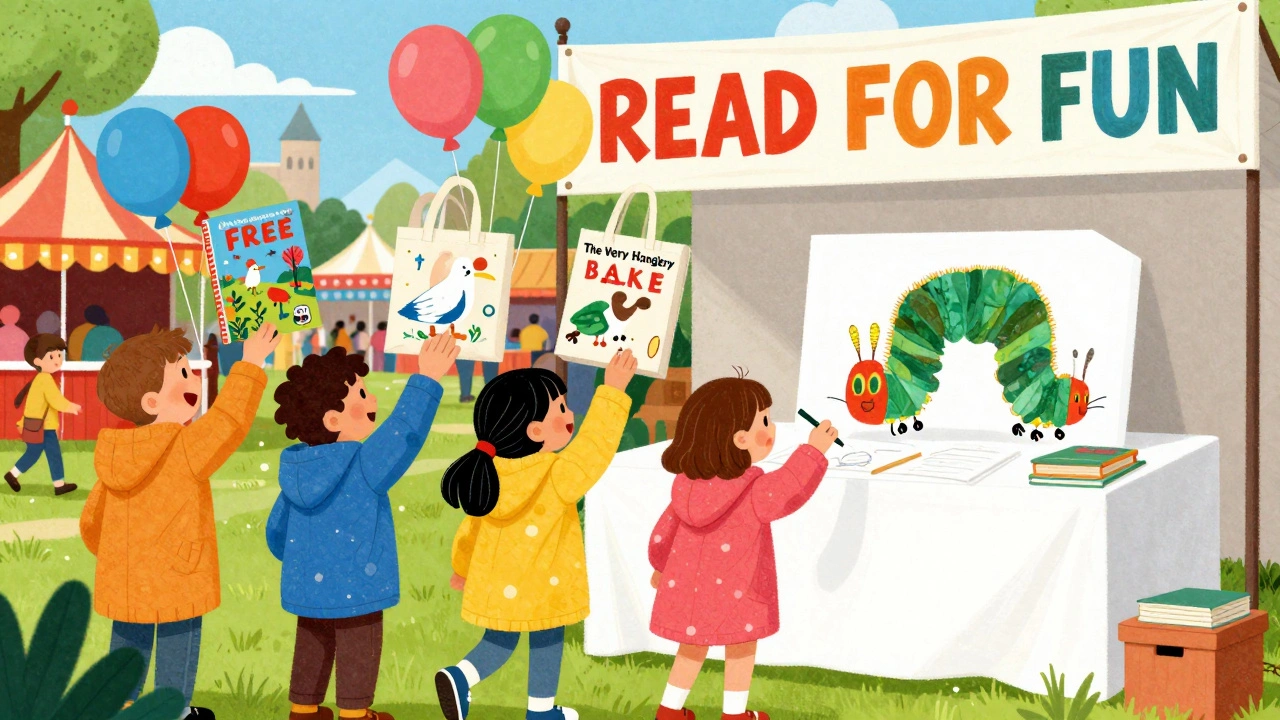 Kids at a lively book fair with illustrator, tote bags, and talking pigeon graphic novel.