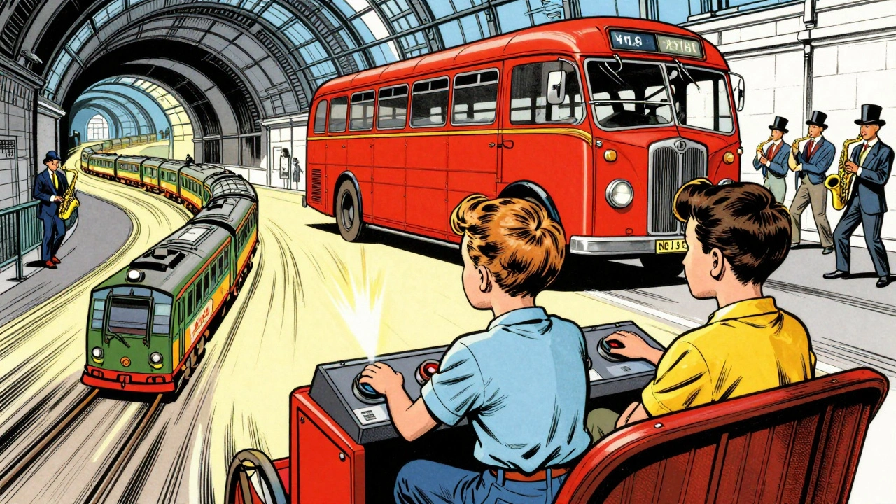 Kids pretending to drive an old London Underground train in a vintage comic book style.