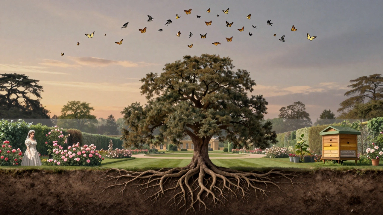 Layered historical elements of the garden emerging from tree roots under twilight, symbolizing centuries of natural legacy.