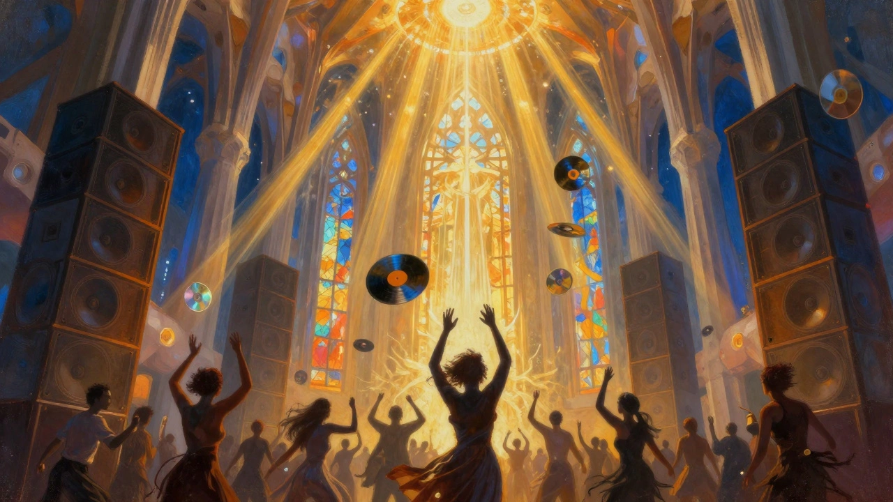 Ministry of Sound imagined as a sacred cathedral of sound with glowing speakers and floating records.