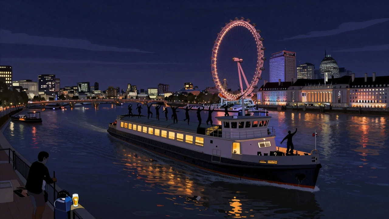 Nighttime party on a boat drifting down the Thames with city lights in the background.