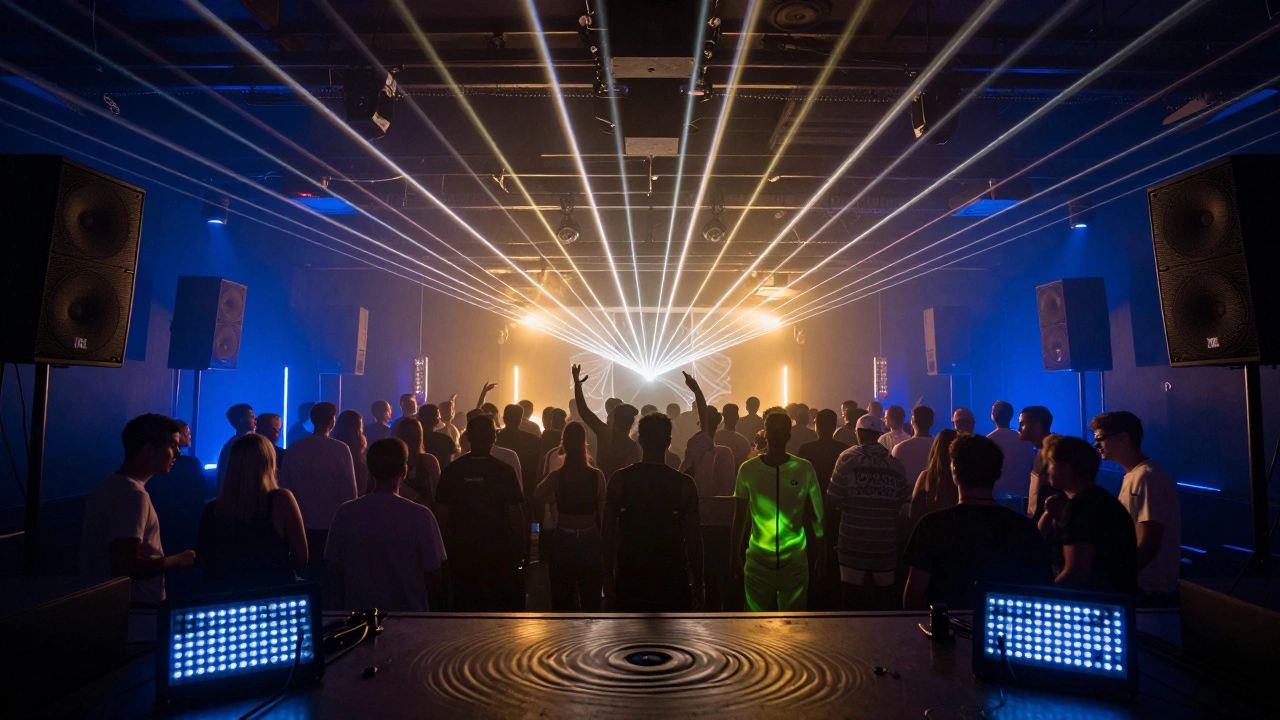 Packed dancefloor inside Ministry of Sound with lasers and speakers under pulsing lights.