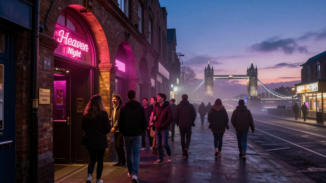 Patrons leaving Heaven at dawn, walking toward a kebab shop under railway arches with Tower Bridge in the distance.