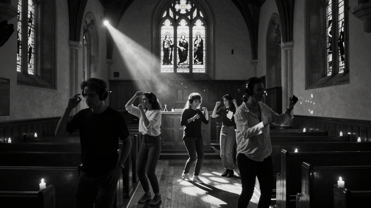 People dancing silently in a church with candles and stained glass glowing around them.