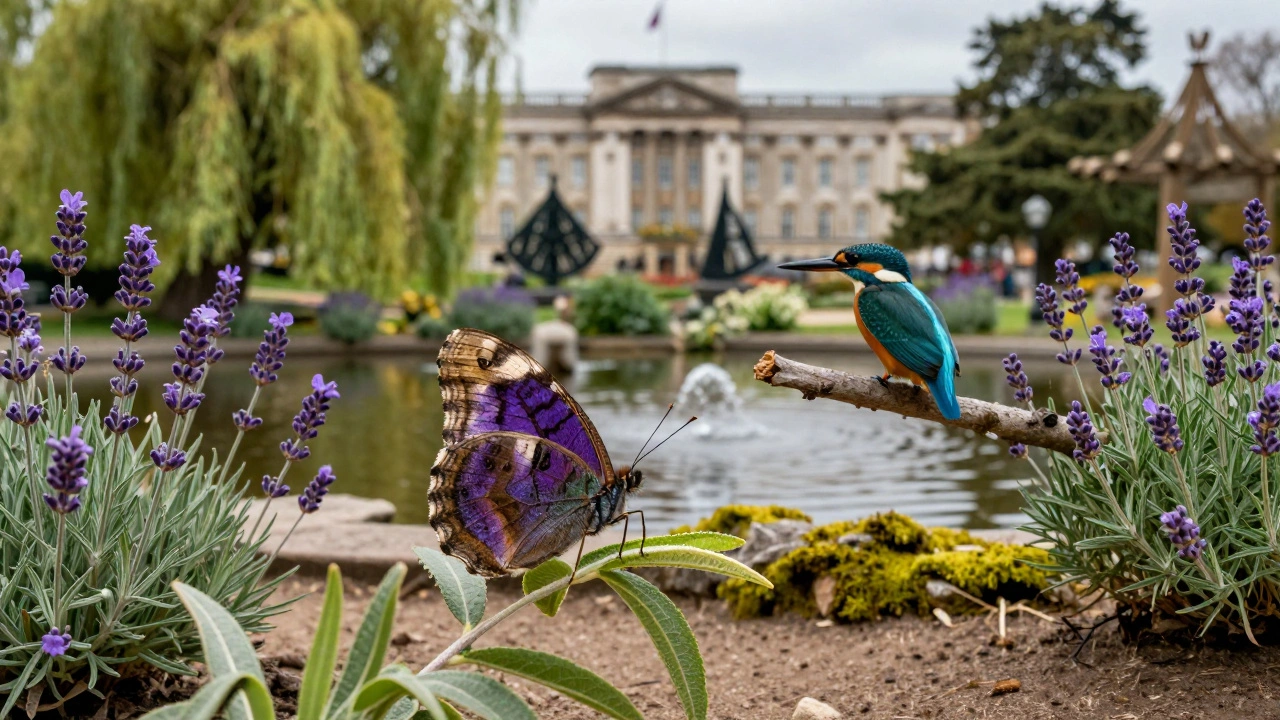 Purple emperor butterfly on a sallow leaf amid lavender blooms, with a kingfisher nearby in a hidden garden sanctuary.