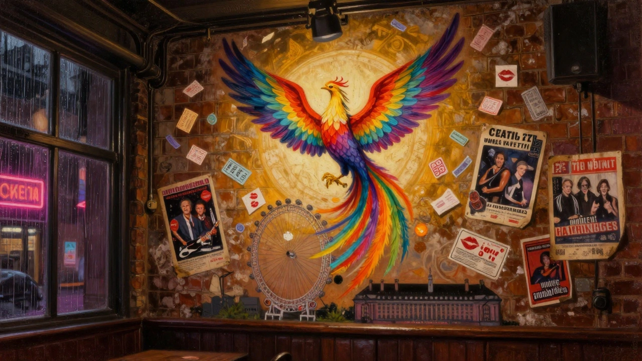 Rainbow phoenix mural rising over London Eye on Heaven's wall, covered in decades of graffiti and concert memorabilia.