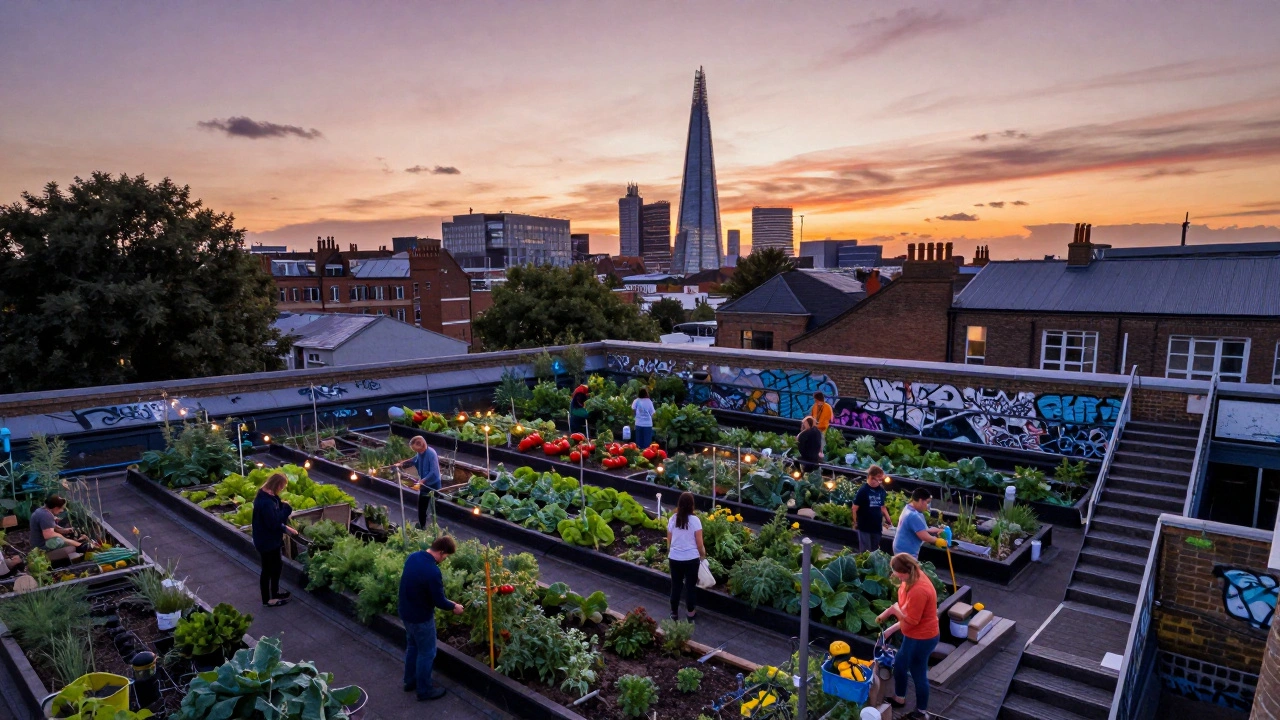 Rooftop farm on Peckham Levels at sunset with vegetables growing, city skyline in background, volunteers harvesting.