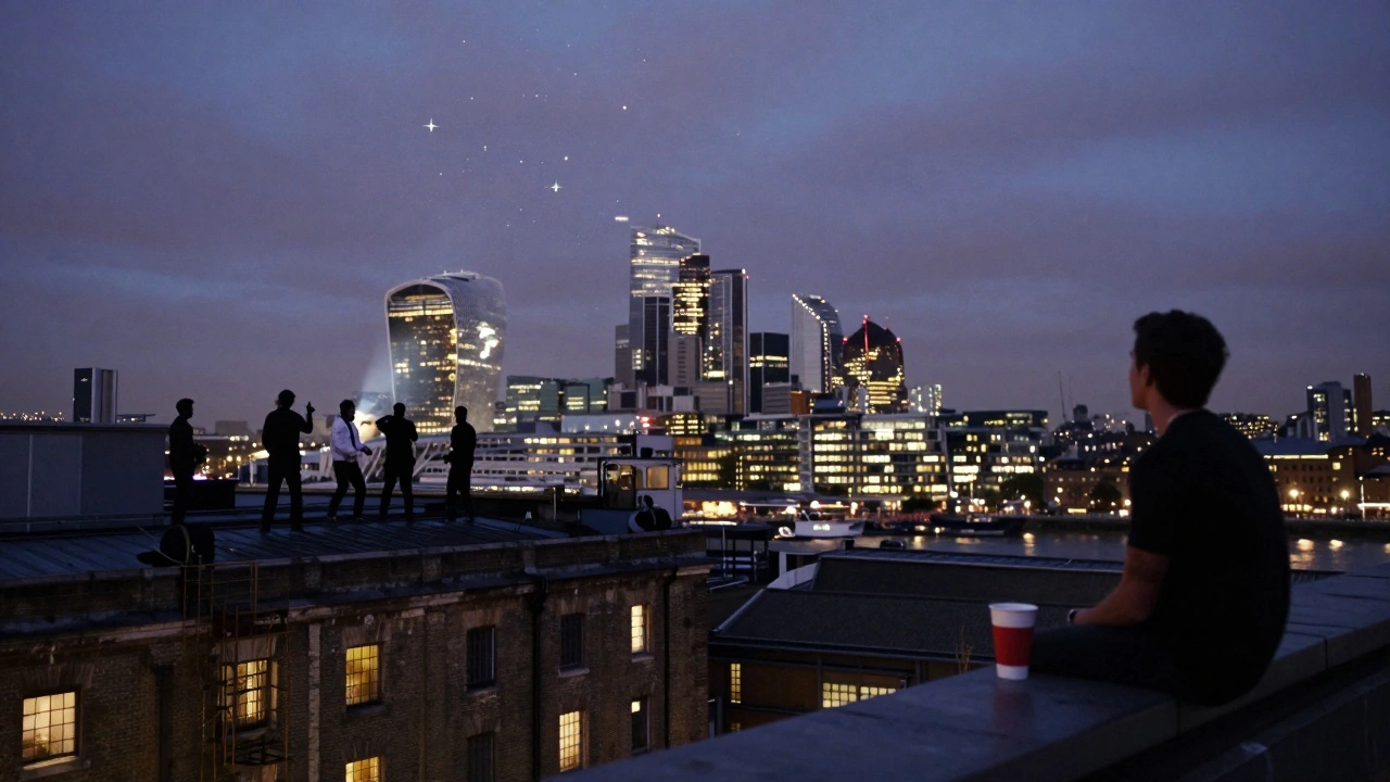 Rooftop rave at night over London’s Thames, stars above and city lights below.