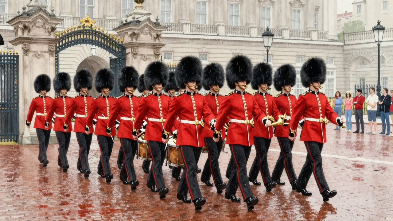 Soldiers in red uniforms and bearskin hats marching during the Changing of the Guard ceremony.