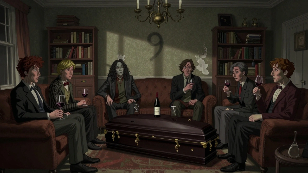 Surreal wine-tasting scene with a coffin and IKEA furniture in a British living room, eerie quiet atmosphere.