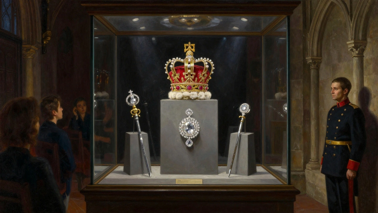The Crown Jewels behind glass in the Jewel House, illuminated under spotlights with a guard in the shadows.