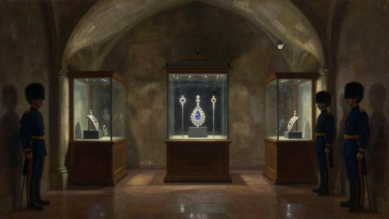 The Crown Jewels glowing in a vaulted chamber, guarded by shadows and spotlights.