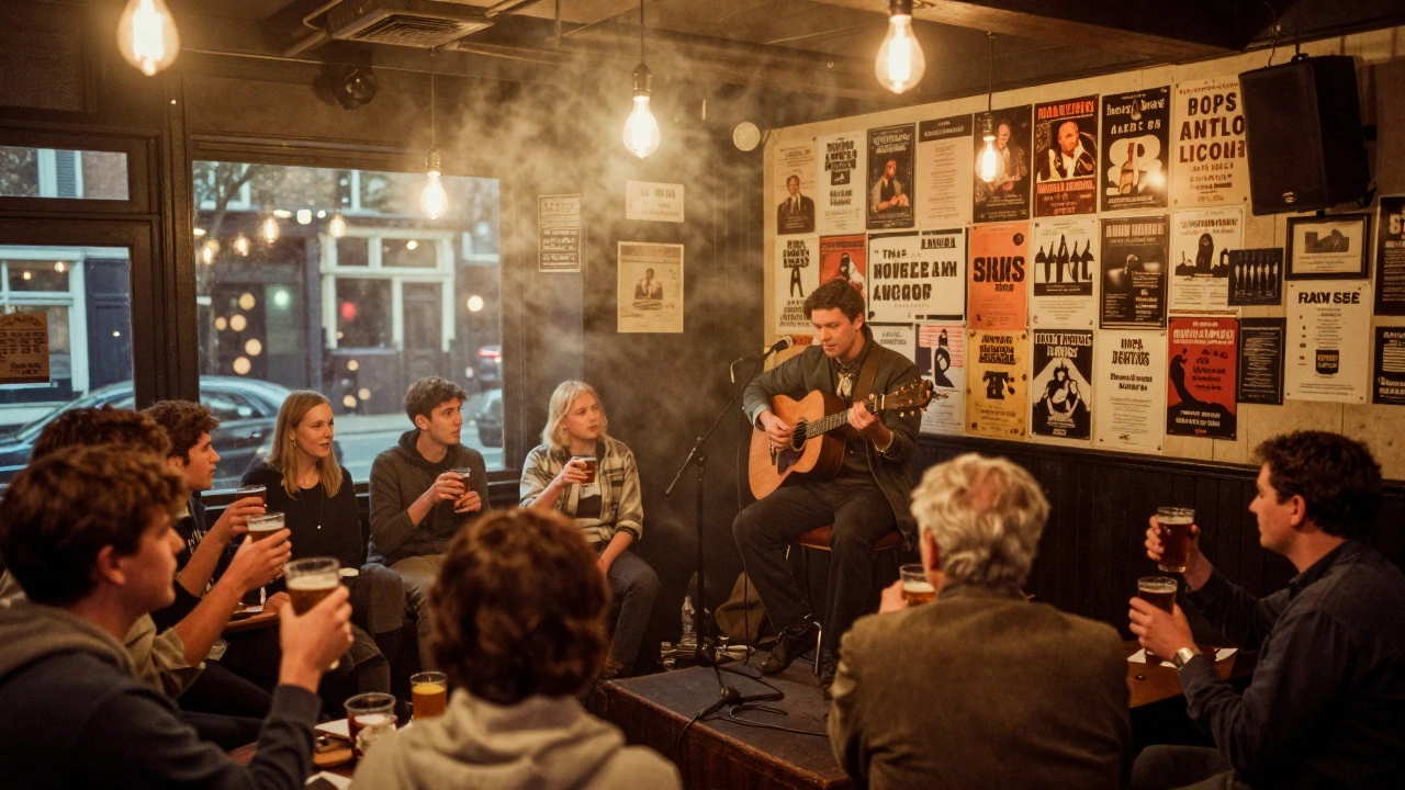 Traditional Islington pub with a folk musician performing as a diverse crowd enjoys pints.