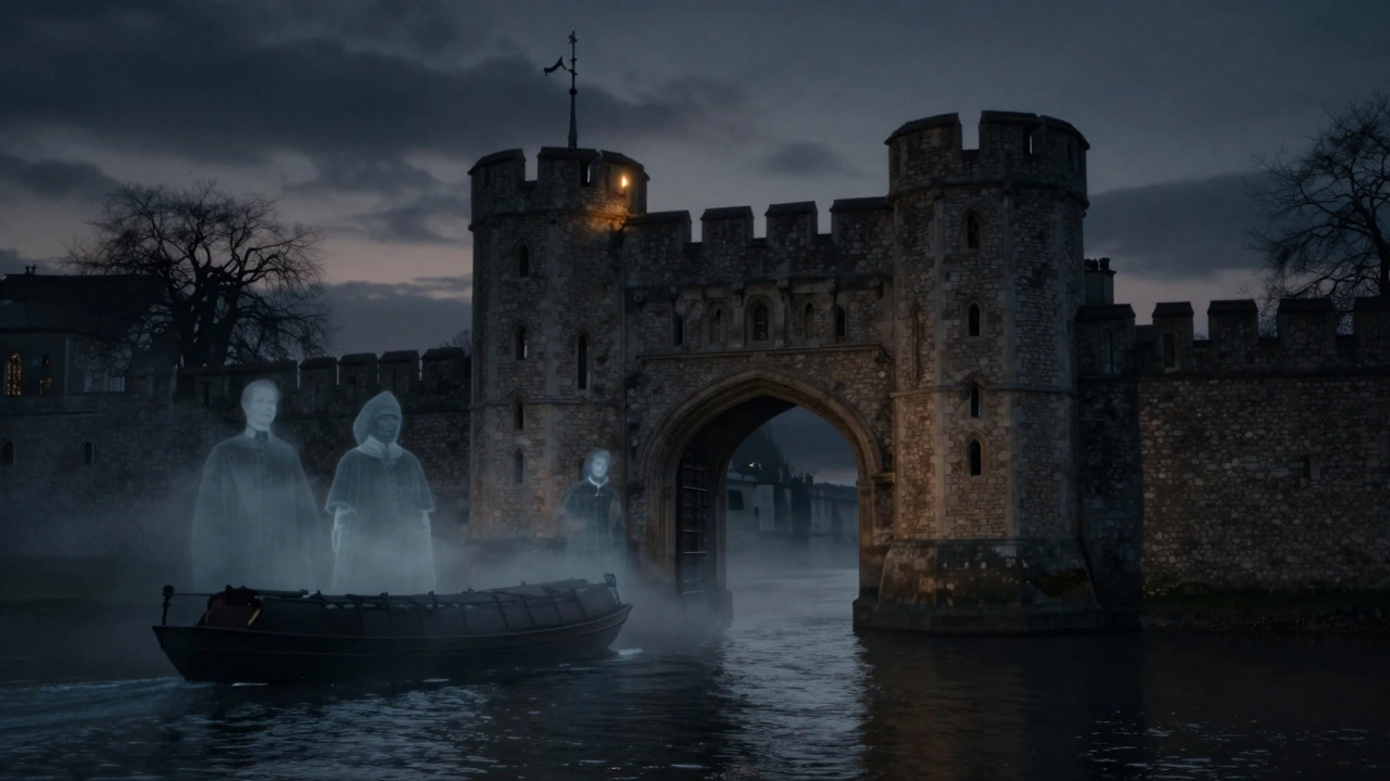 Traitors’ Gate at twilight with ghostly figures emerging from the mist, the White Tower glowing faintly behind.