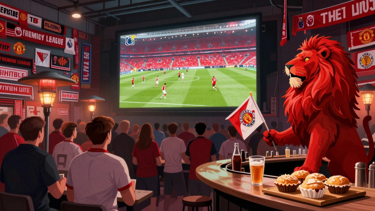 Vibrant sports bar packed with fans during a Premier League game, walls covered in team scarves, staff handing out flags, large screen glowing with match action.