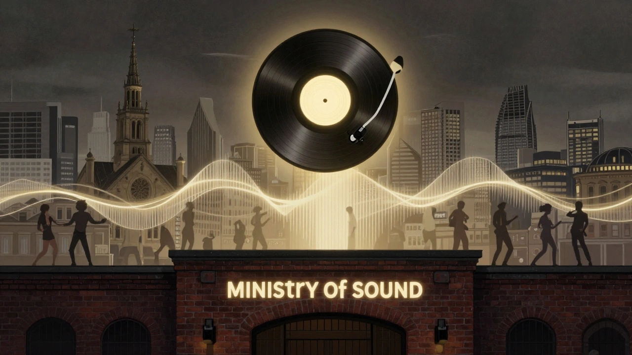 Vinyl record emitting soundwaves over London, silhouettes of dancers from different decades fading into the waves.