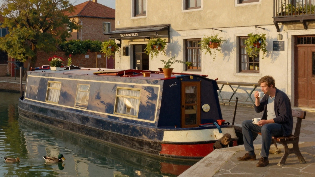 Weathered narrowboats on Little Venice canal with a person drinking coffee on the towpath, ducks on the water.