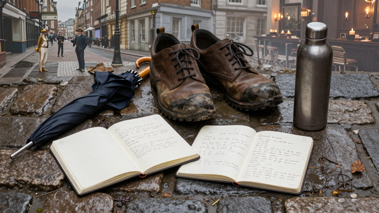 Worn walking shoes and a notebook rest on wet cobblestones with ghostly historical images.