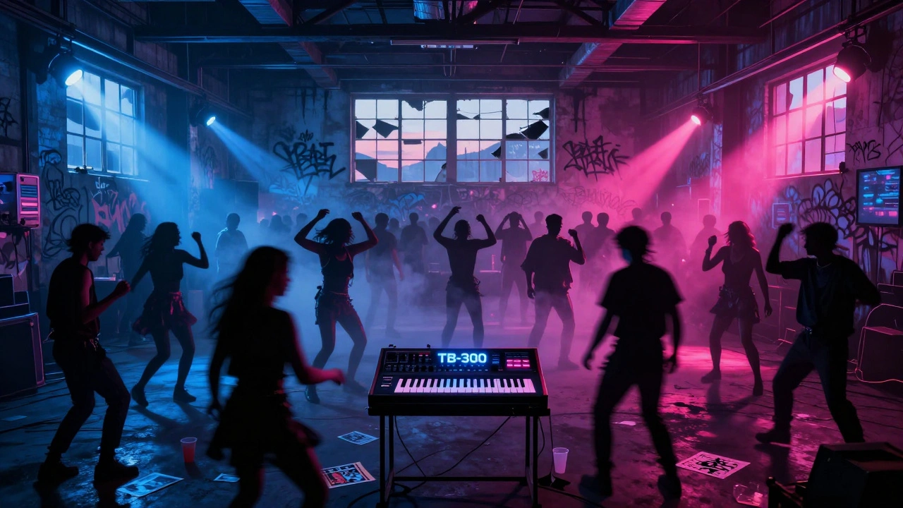 1980s warehouse rave with neon lights and silhouetted dancers under strobes.
