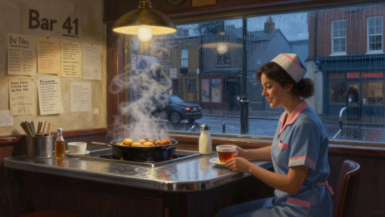 24-hour diner-bar in Walthamstow at 4 AM with handwritten notes on the wall and a nurse enjoying tea by the window.