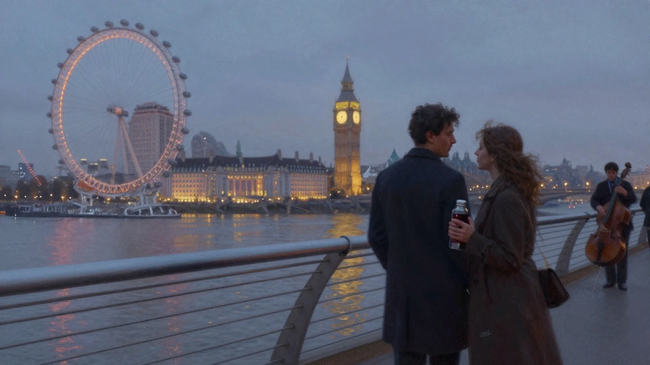 A couple holding a thermos of mulled wine on Millennium Bridge at dusk, with London Eye and Big Ben glowing in the distance.