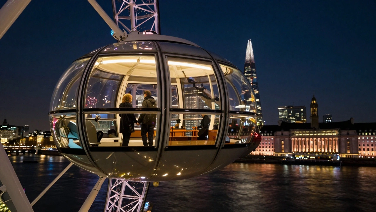 A couple inside a lit London Eye capsule at night, watching the city lights below.