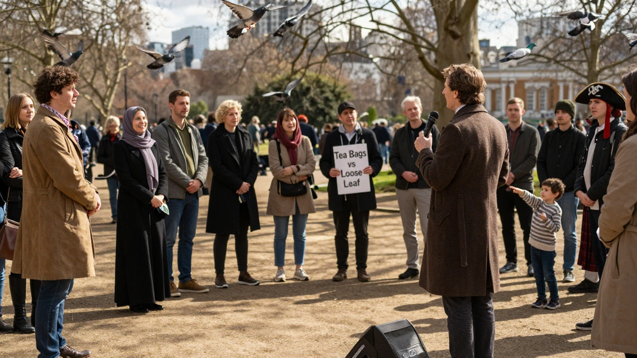 A diverse crowd gathers at Speaker's Corner in Hyde Park, listening to a passionate speaker under bright daylight.
