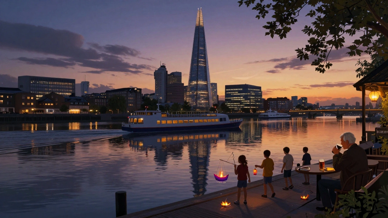 A ferry reflecting on the Thames at sunset with children carrying ship-shaped lanterns in Rotherhithe.