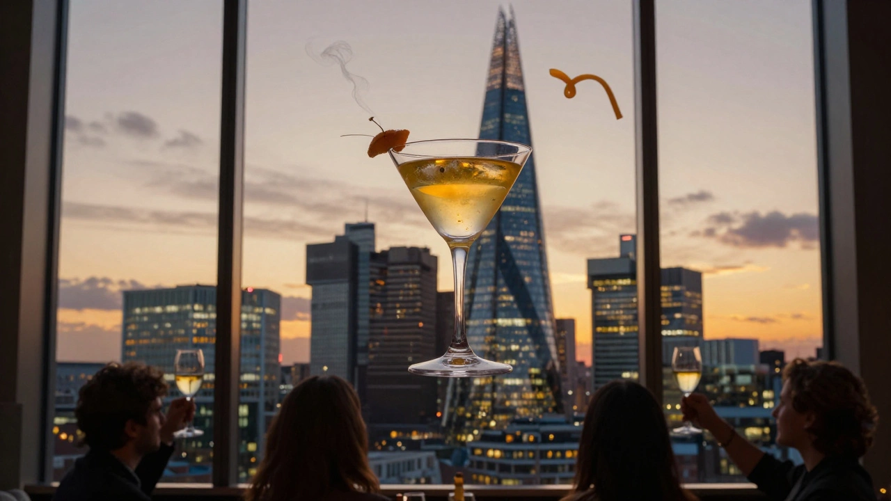 A glowing cocktail hovers above The Shard’s window as the London skyline turns to molten silver at sunset.