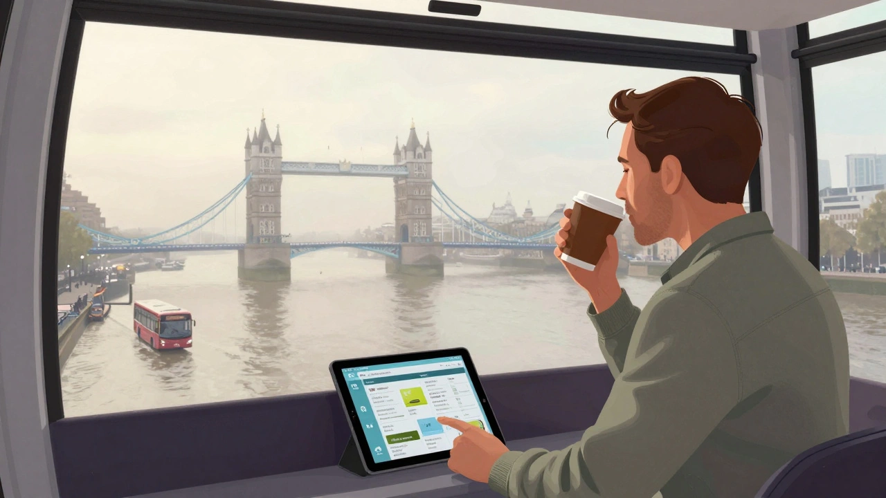 A local person sipping coffee inside the London Eye capsule, viewing Tower Bridge on a quiet morning.