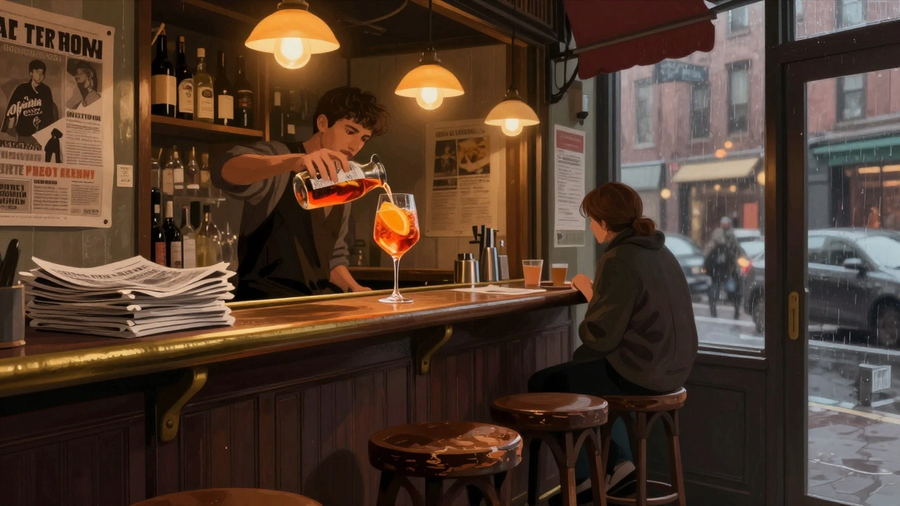 A quiet corner at Bar Termini with an Aperol Spritz being poured, warm lighting and worn wooden stools in a narrow Soho bar.