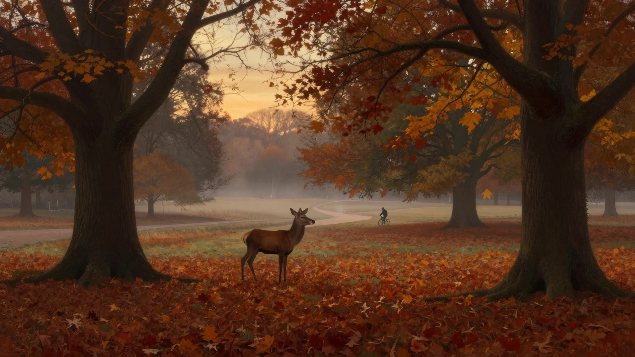 A red deer standing among golden autumn leaves in Richmond Park at dusk.