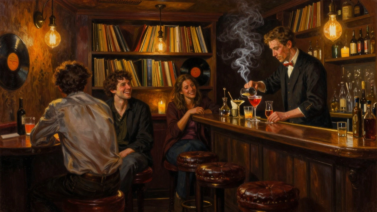 An intimate speakeasy with patrons laughing beside a bartender pouring a smoky cocktail in warm, vintage light.