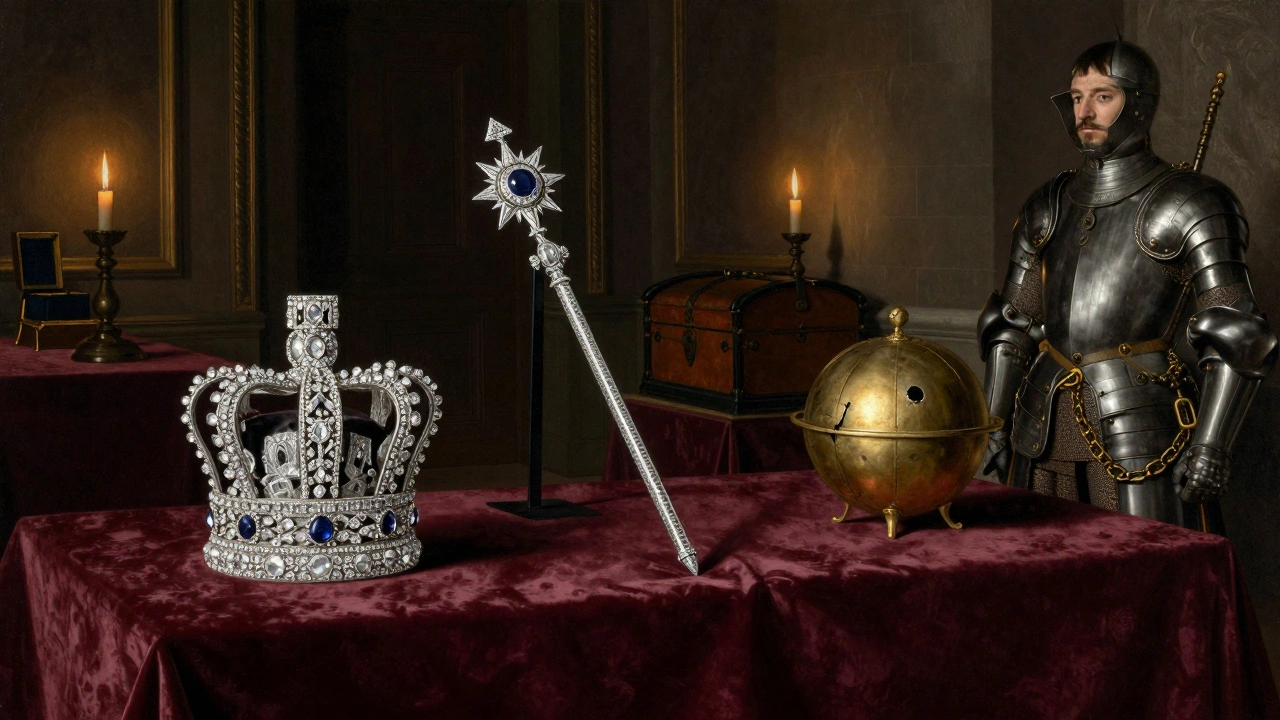 Candlelit Jewel House with the Crown Jewels on display, a guard standing watch among chains and lockboxes.
