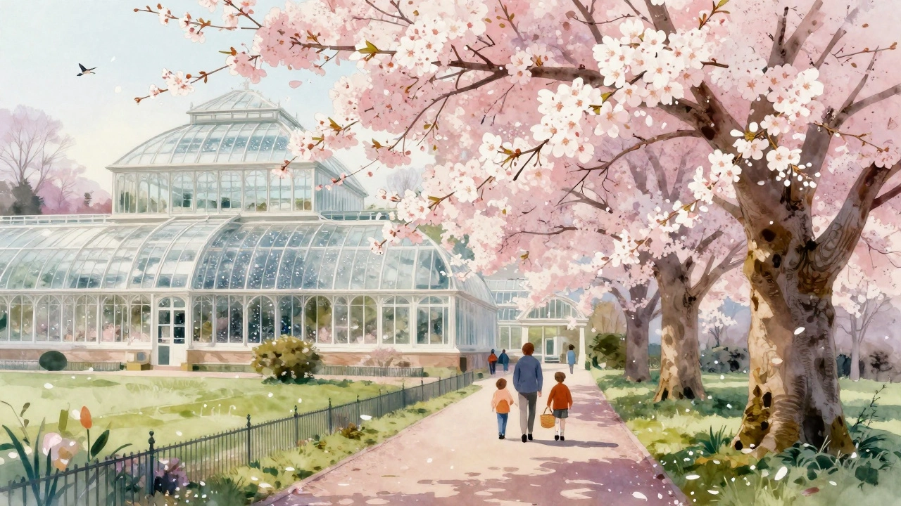 Cherry blossoms forming a tunnel over a path in Kew Gardens during spring.