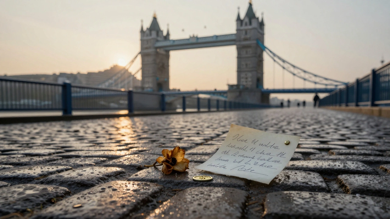 Cobblestones on Tower Bridge’s walkway with a dried flower, brass button, and note left as a quiet tribute.